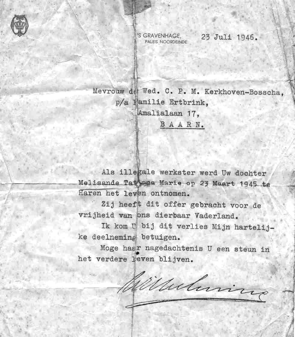 Brief van koningin Wilhelmina uit 1946 aan de moeder van Anda Kerkhoven, waarin zij haar medeleven betuigt na de dood van haar dochter.